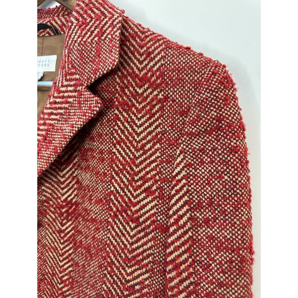 Barneys New York Herringbone Wool Tweed Overcoat Red Tan Italy Size 8 Long Coat - Picture 5 of 16